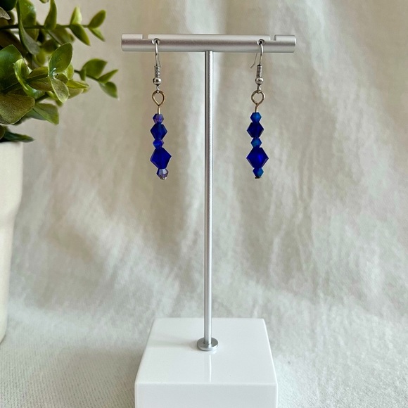 Handmade Iridescent Blue Beaded Earrings - Picture 1 of 3